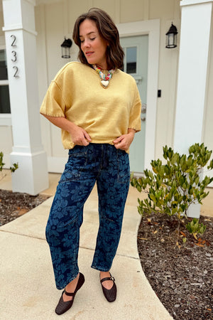 Risen Dark Slouchy Crop Barrel Floral Print Jean
