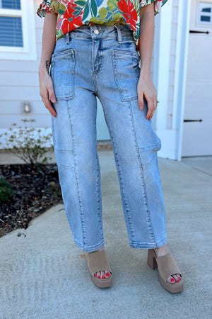 Risen Light Slouchy Ankle Boyfriend Jeans with Patch Pockets
