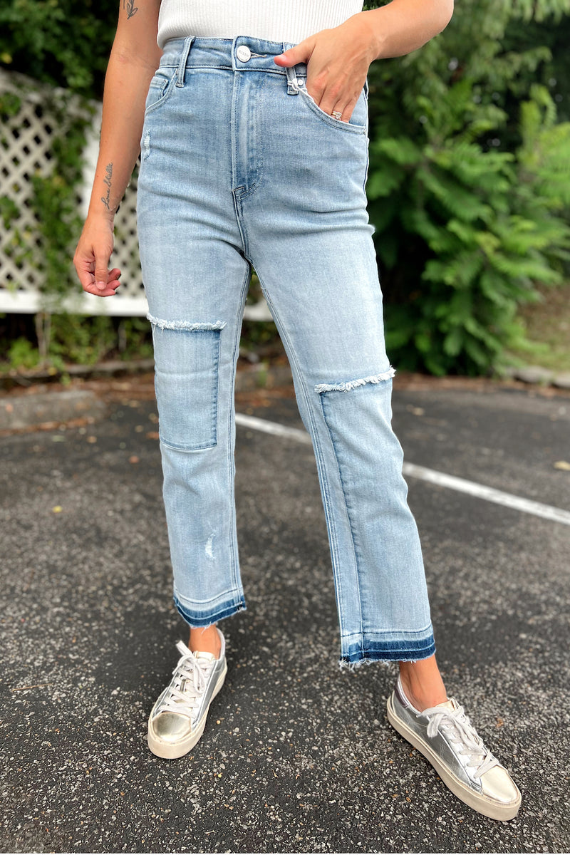 Risen High Rise Crop Patch Work Straight Jeans