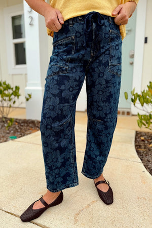 Risen Dark Slouchy Crop Barrel Floral Print Jean