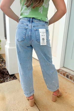 Risen Light High Rise Leaf Embroidery Barrel Jeans