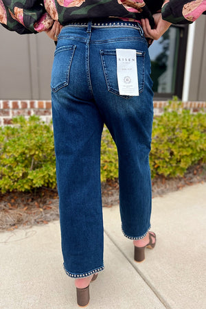 Risen Dark Slouchy Crop Barrel Embroidery Detail Jean