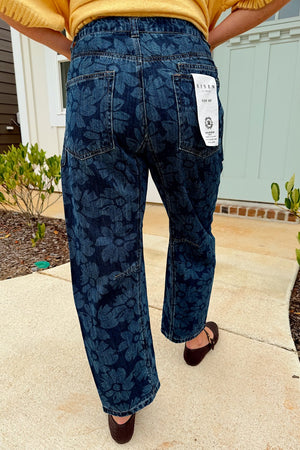 Risen Dark Slouchy Crop Barrel Floral Print Jean