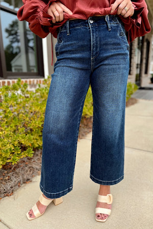 Risen Dark High Rise Wide Leg Pocket Detail Jean