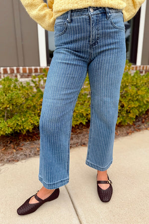 Risen Medium TC High Rise Crop Straight Pin Stripe Jean