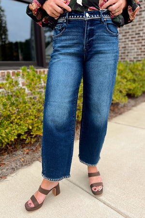 Risen Dark Slouchy Crop Barrel Embroidery Detail Jean