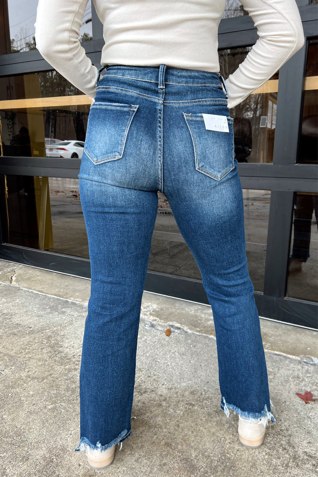 Risen Medium High Rise Distressed Straight Jeans