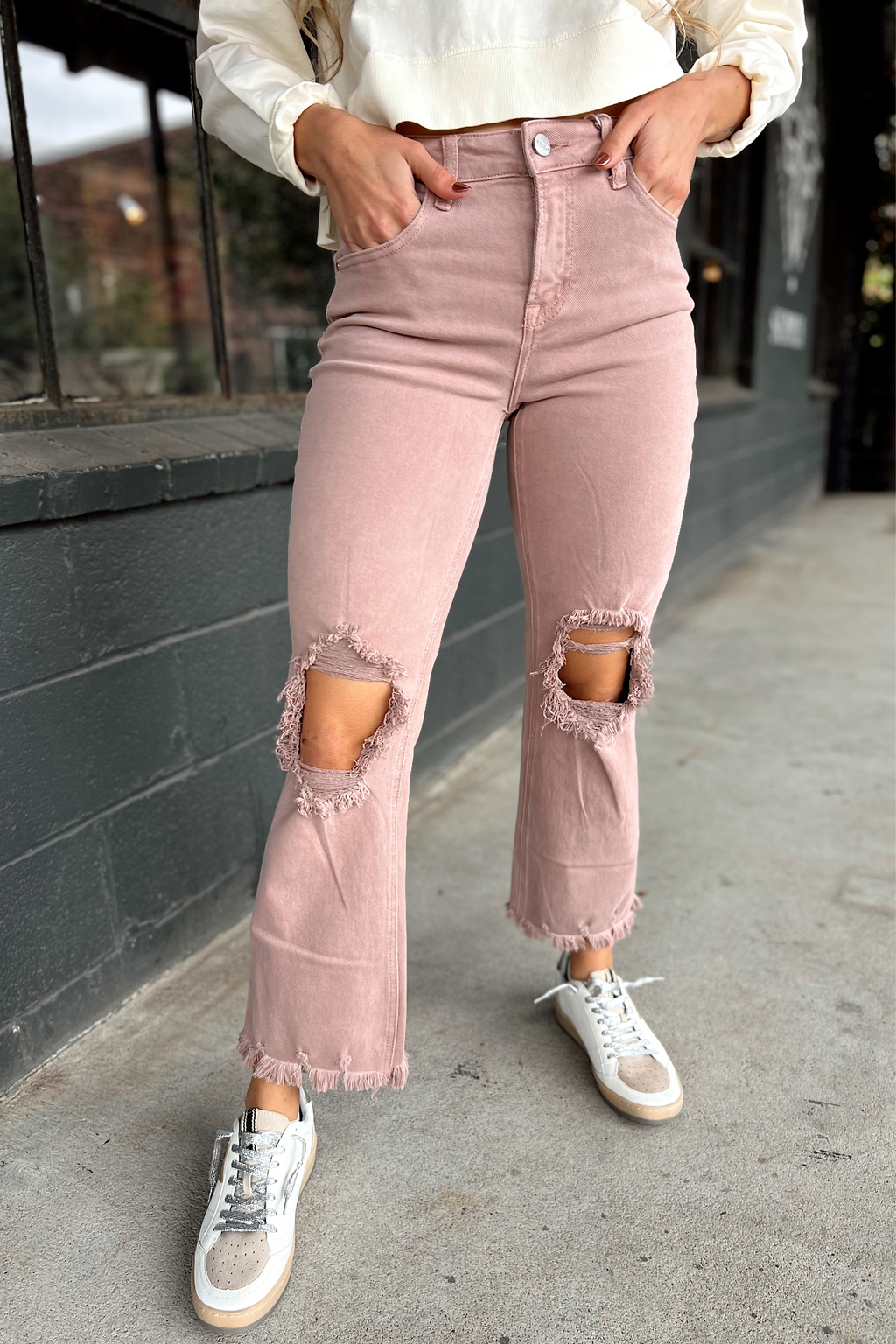 Risen Mauve High Rise Knee Distressed Straight Jeans