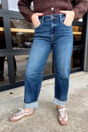 Risen Dark Slouchy Crop Barrel Cuffed Jean