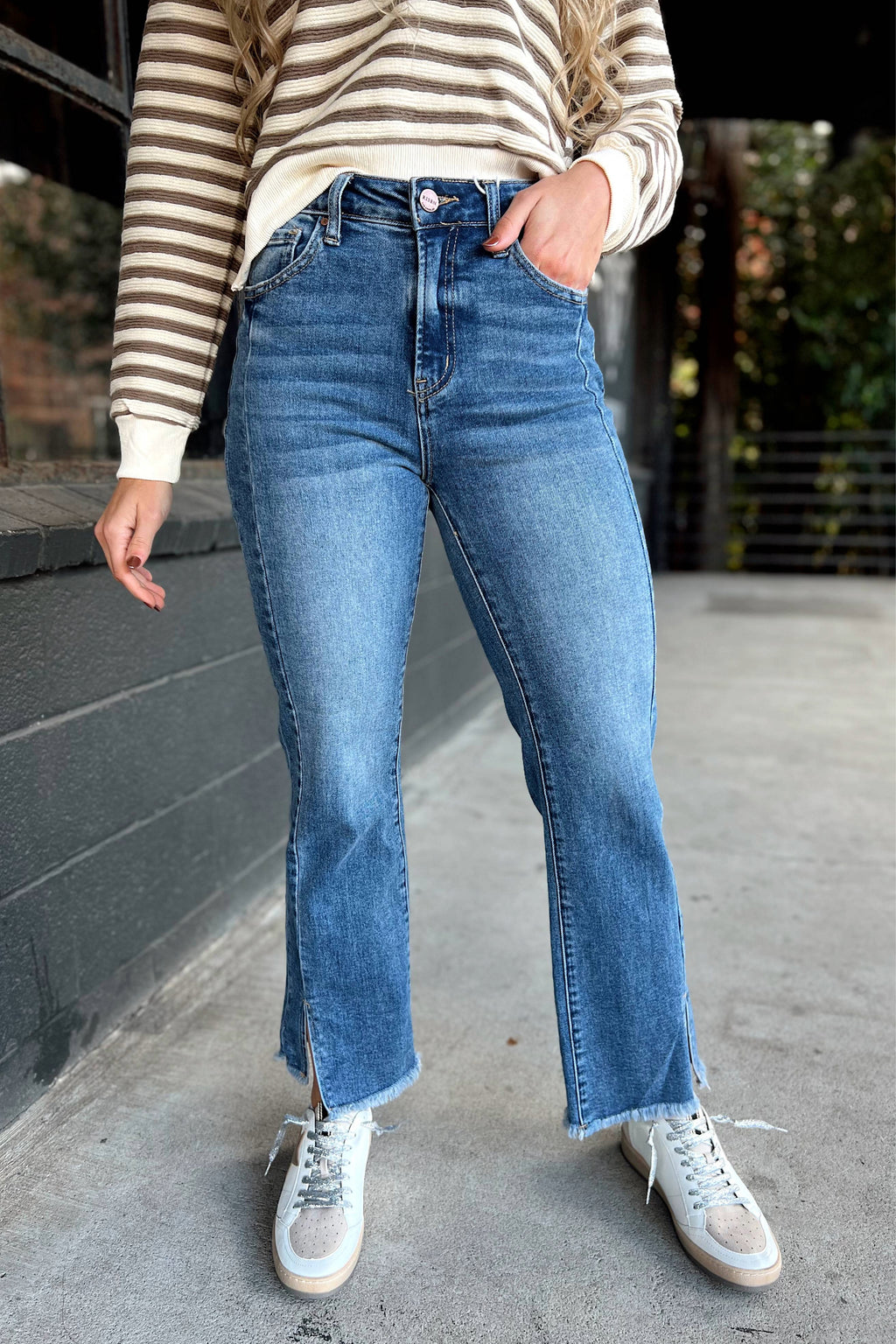 Risen High Rise Front Seam Slit Straight Jeans