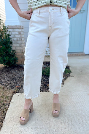 Risen Ivory Barrel High Rise Relaxed Cuffed Jeans
