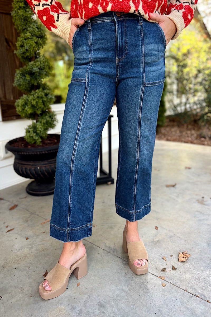 Risen Dark High Rise Crop Straight Front Seam Detail Jeans