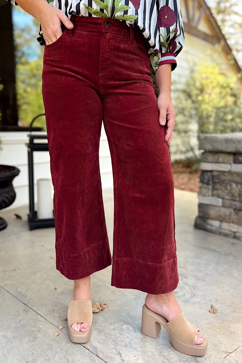 Risen Wine High Rise Crop Wide Corduroy Jeans