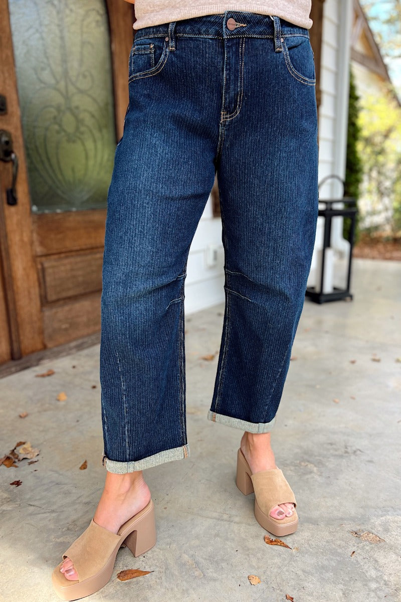 Risen Dark Slouchy Crop Barrel Textured Jeans