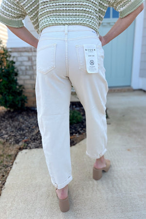 Risen Ivory Barrel High Rise Relaxed Cuffed Jeans