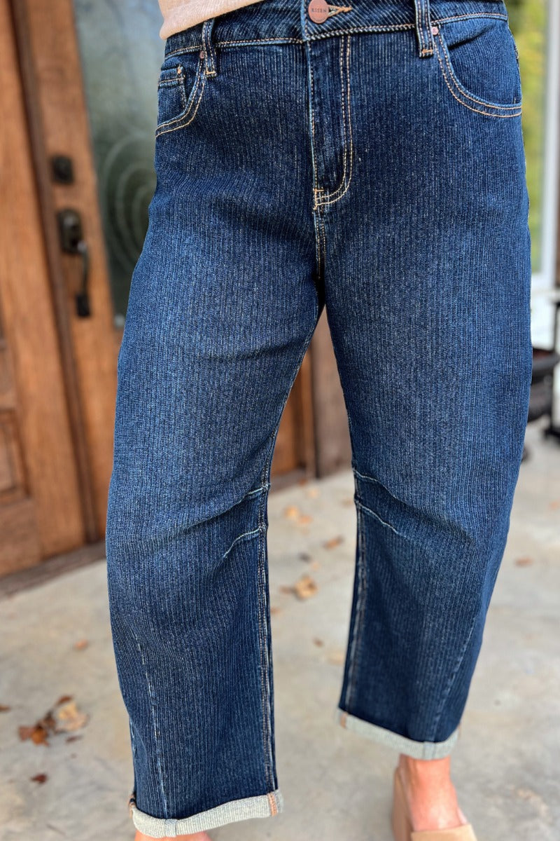 Risen Dark Slouchy Crop Barrel Textured Jeans