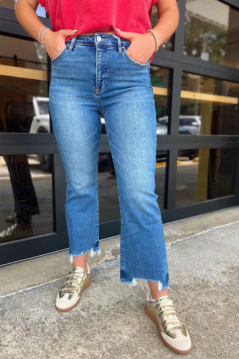 Risen Medium High Rise Crop Flare Fray Hem Jeans