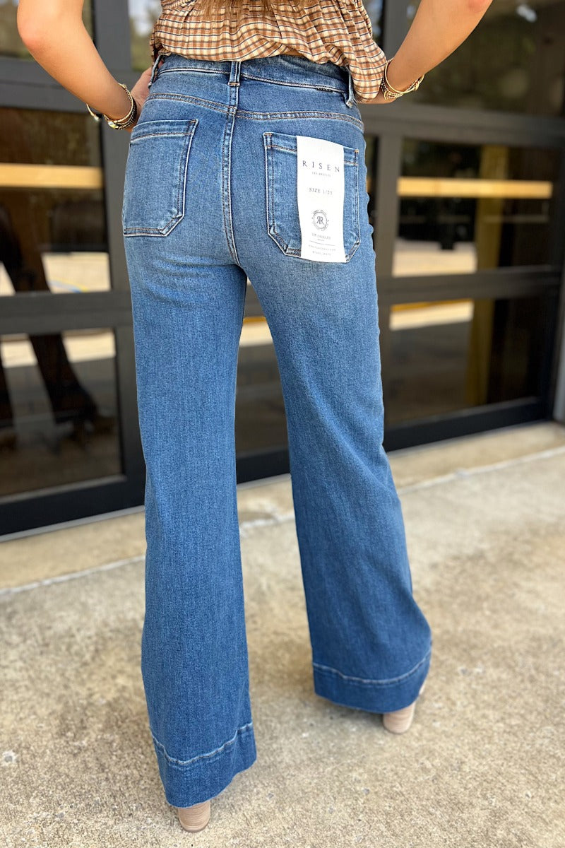 Risen Dark High Rise Wide Flare Patch Pocket Jeans
