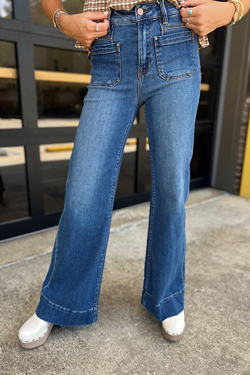 Risen Dark High Rise Wide Flare Patch Pocket Jeans