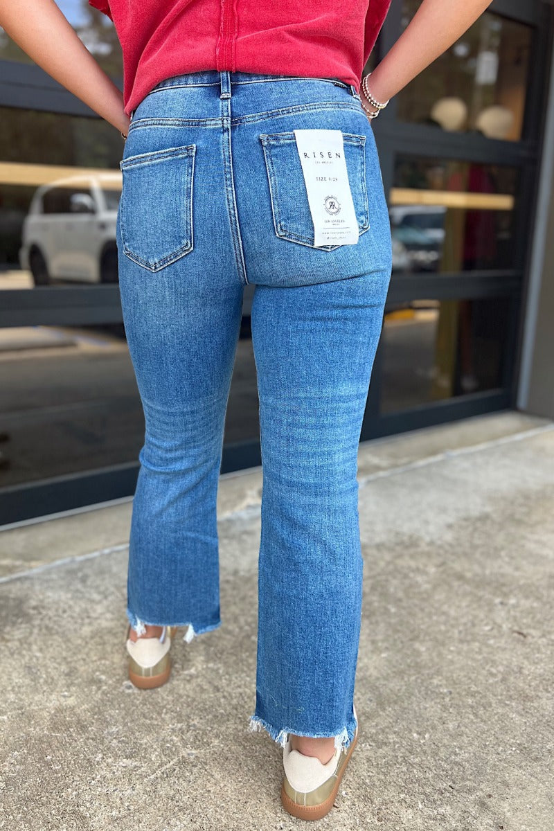 Risen Medium High Rise Crop Flare Fray Hem Jeans