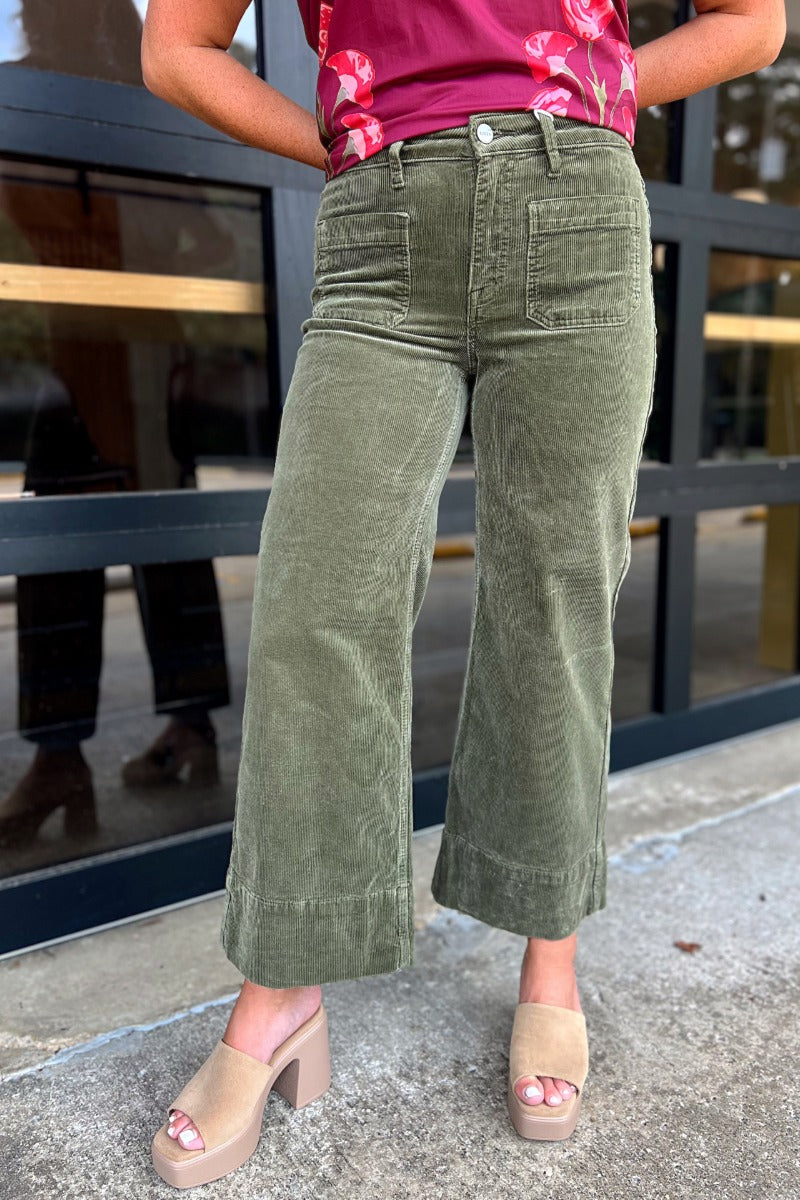Risen Moss High Rise Crop Wide Patch Pocket Corduroy Pants