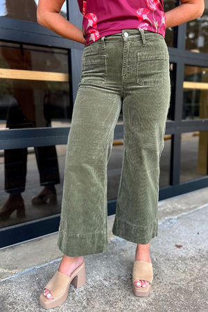 Risen Moss High Rise Crop Wide Patch Pocket Corduroy Pants