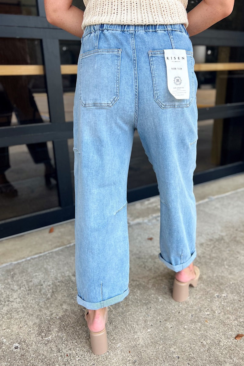 Risen Light High Rise Crop Wide Barrel Cargo Pocket Cuffed Jeans