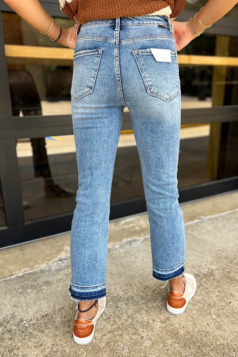 Risen Medium High Rise Crop Straight Distressed Shadow Hem Jeans
