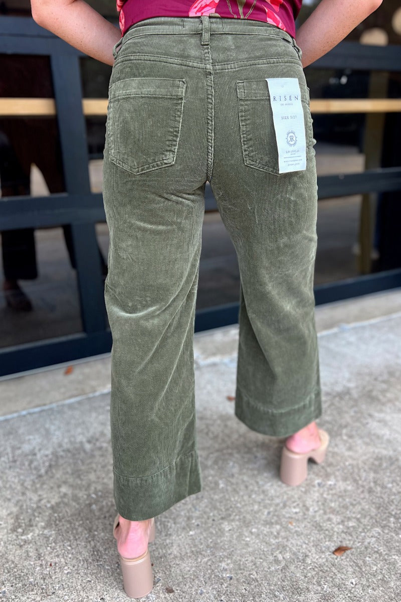Risen Moss High Rise Crop Wide Patch Pocket Corduroy Pants