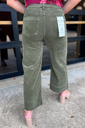 Risen Moss High Rise Crop Wide Patch Pocket Corduroy Pants