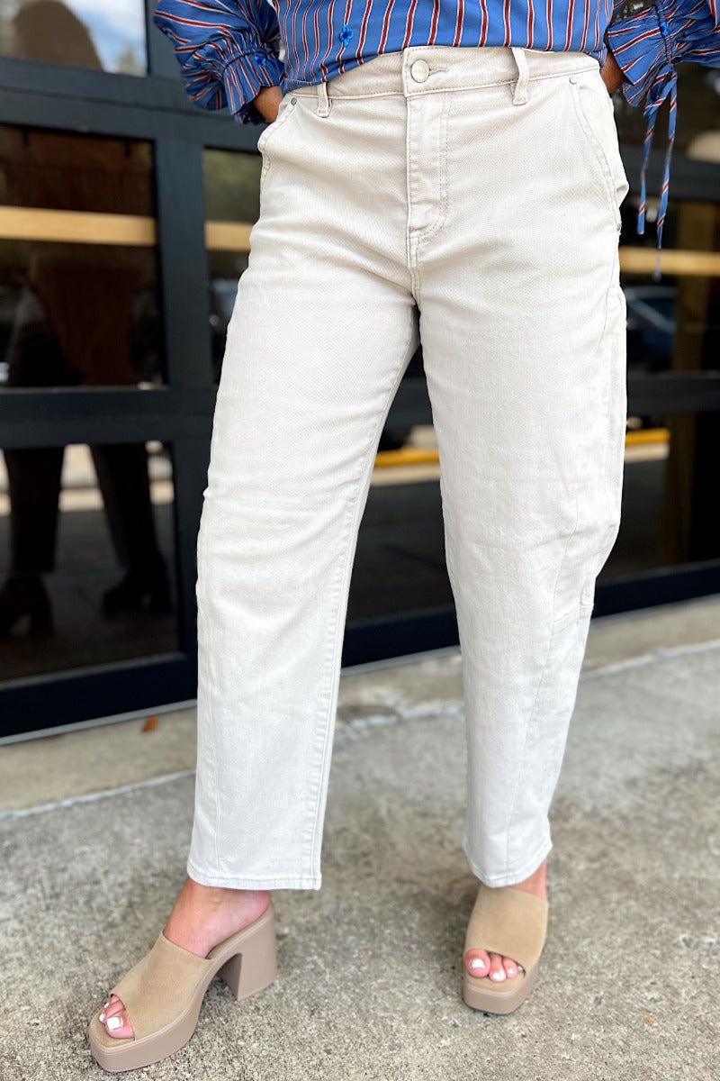Risen Almond High Rise Relaxed Barrel Cuffed Jeans