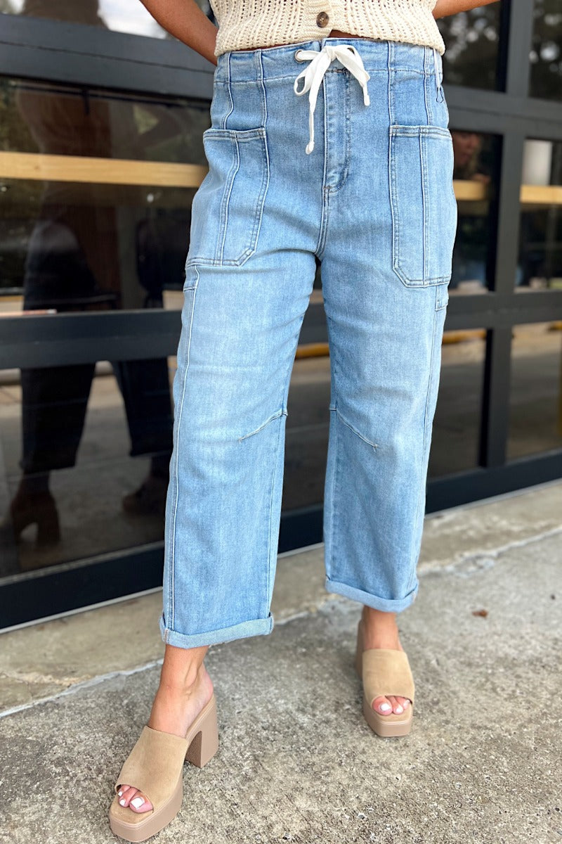 Risen Light High Rise Crop Wide Barrel Cargo Pocket Cuffed Jeans