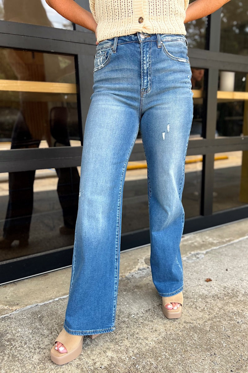 Risen Medium High Rise Wide Leg Jeans