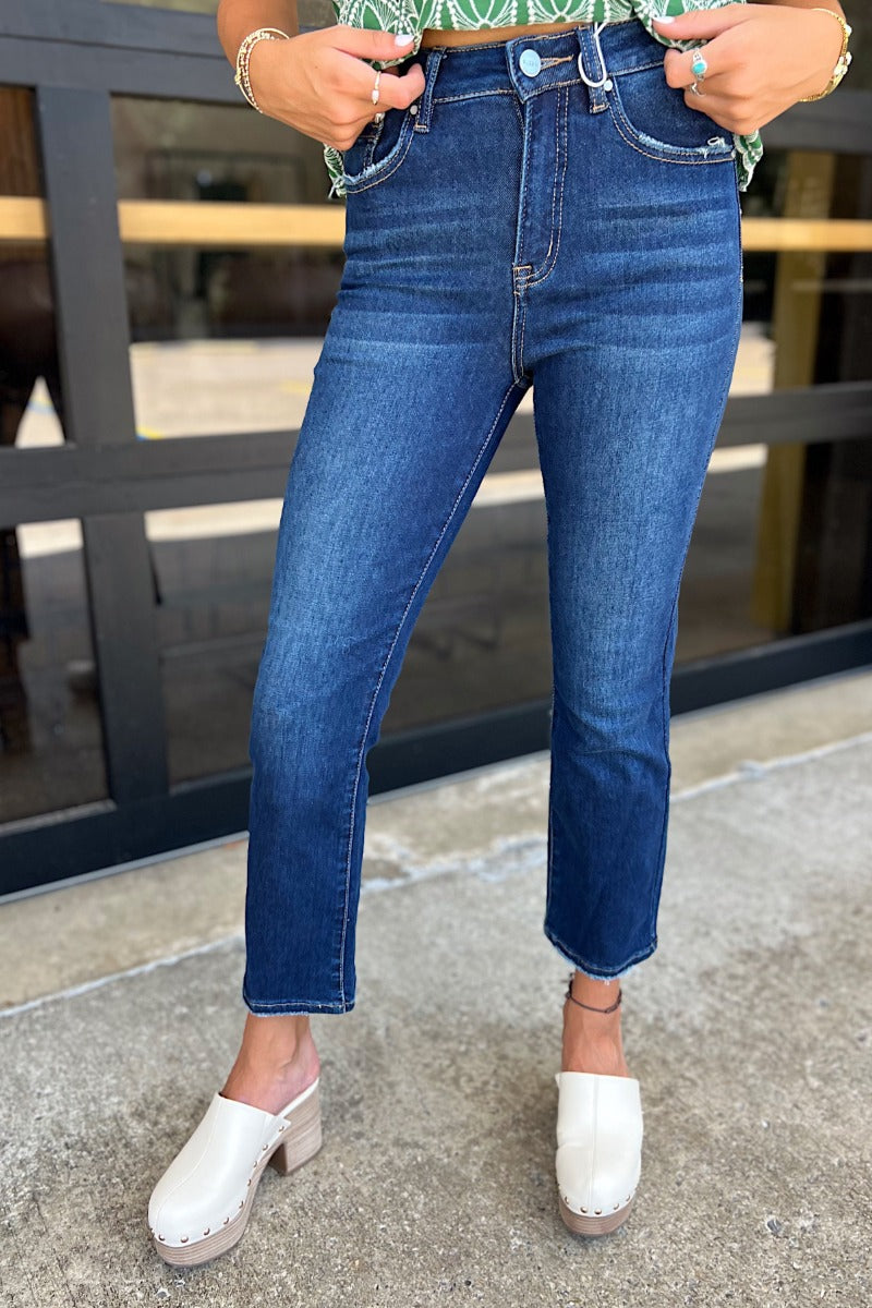 Risen Dark TC High Rise Crop Straight Jeans