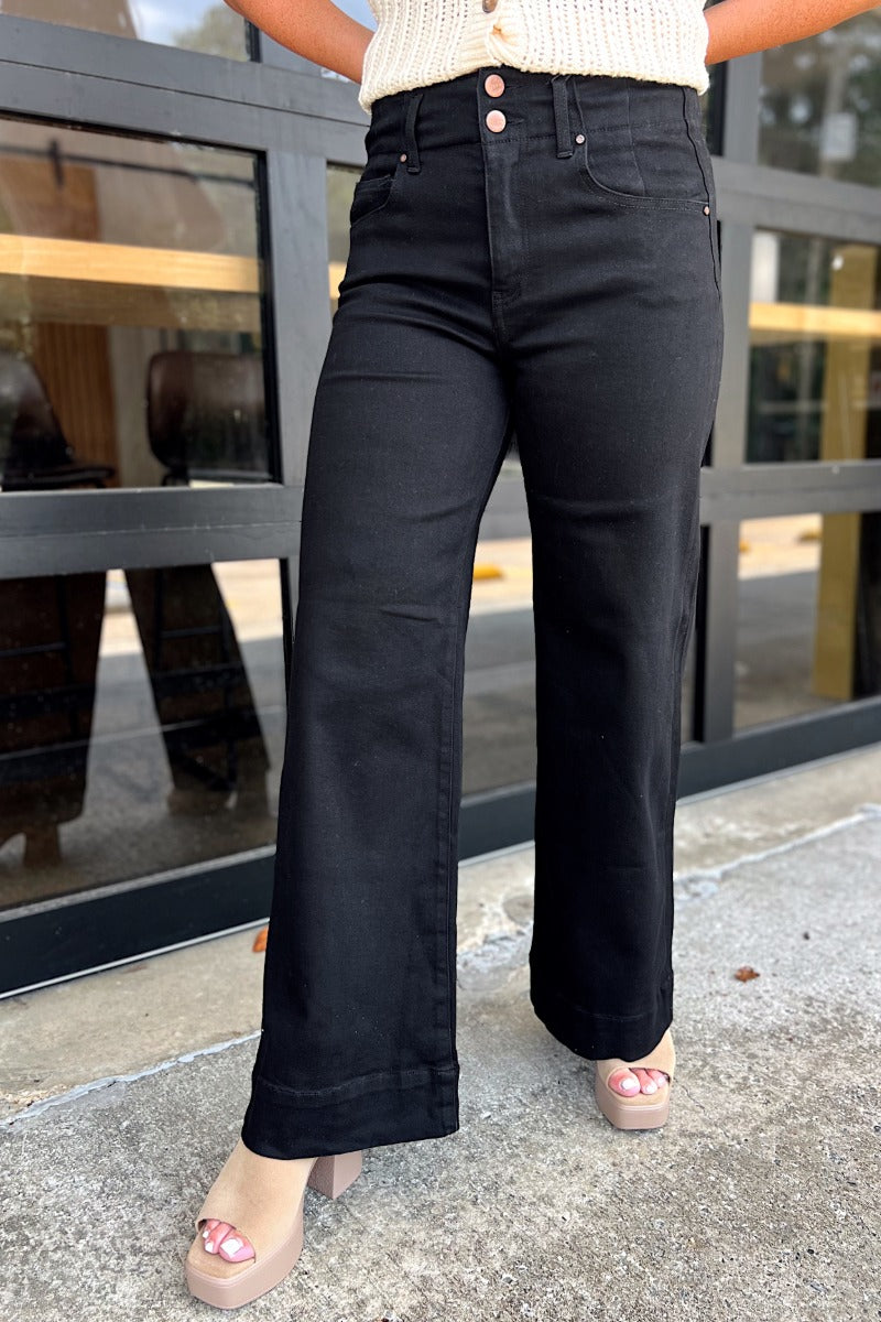 Risen Black High Rise Ankle Wide Double Button Detail Jeans