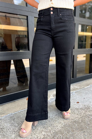 Risen Black High Rise Ankle Wide Double Button Detail Jeans